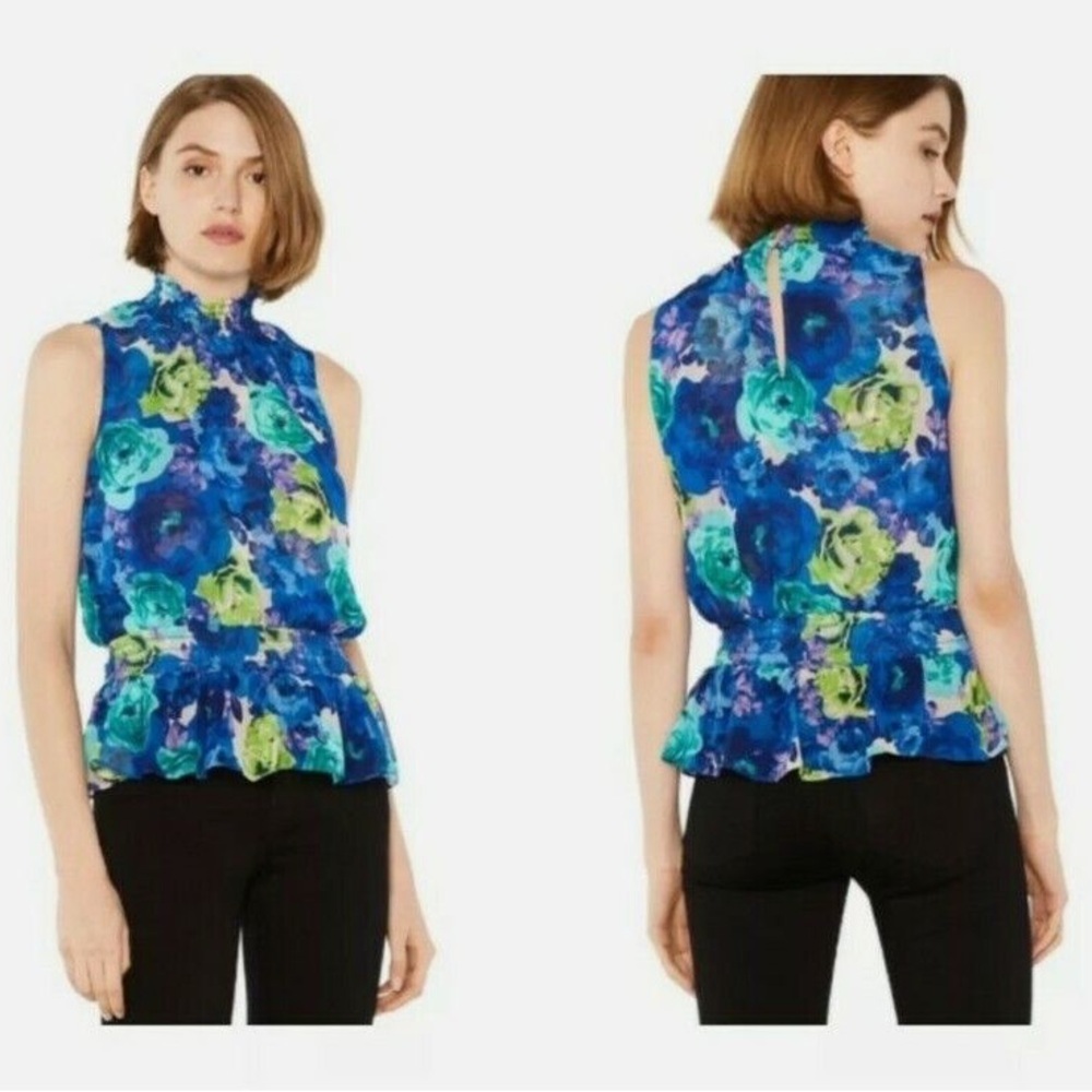 Misa Los Angeles Debra Mock Neck Smocked Waist Sleeveless Floral Blouse -Size XS